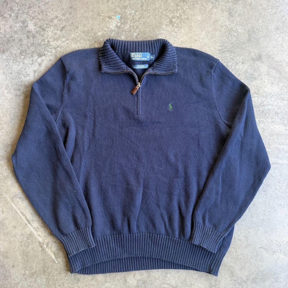 Polo Ralph Lauren Men's Blue Cotton 1/4 Zip Mock Neck Knit Sweater XL (23x26)